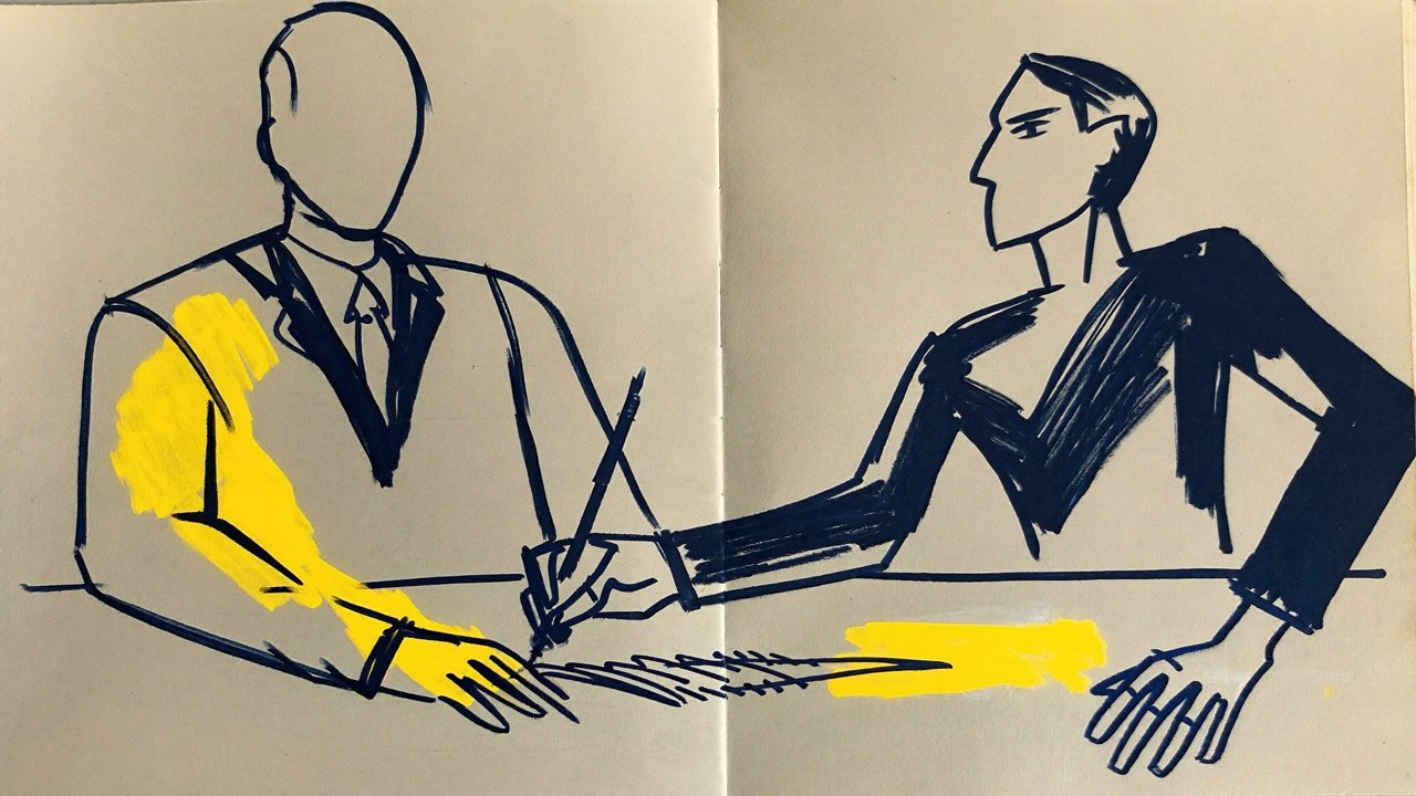 Illustration ur Blyerts Kontexta-serie: två som skriver tillsammans, gul hand för pennan